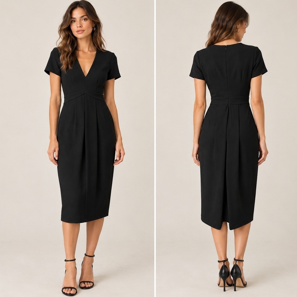 Aritzia Babaton Black V-Neck Pleated Dress 6 Crepe Minimalist LBD Office Siren